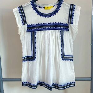 Roller Rabbit XS embroidered 100% cotton peasant style top in white black blue